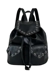 Vintage Punk Style PU Leather Backpack, Drawstring Shoulder Bag with Multiple Pockets, Metal Eyelet Decoration Women's Bag