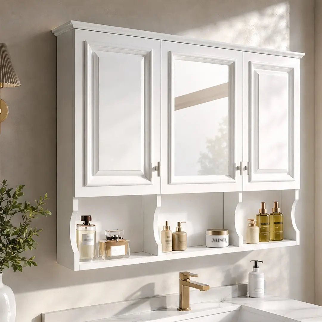 41-Inch Wall Mounted Enclosure Mirror Cabinet - High-Transparency, Multi-Compartmentalized White MDF Bathroom Cupboard with Open Shelves, Adjustable Shelf, Soft-Close Hinges, Half-Moon Design, Hidden Compartment, 28.7" H x 7.3" D, for Over Toilet/Vanity,,