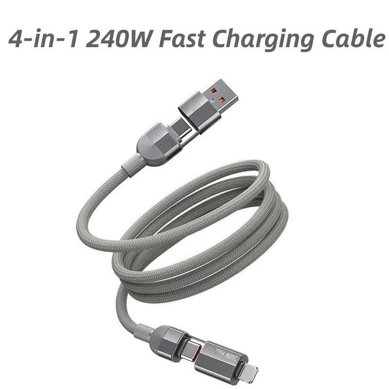 4-in-1 240W Fast Charging Cable, 3.3ft USB A Type C Lightning Car Charger Cable for iPhone 17, Samsung, Laptops & All Devices