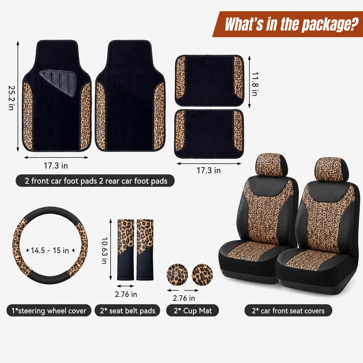 Leopard Print Car Seat Covers Front Seats Set, PU Leather Universal Fit Seat Protector with Steering Wheel Cover, Floor Mats, Seat Belt Pads & Cup Mats, Stylish Auto Interior Accessories for Cars SUV Truck Leopard Print Car Seat Covers Front Seats Set, PU Leather Universal Fit Seat Protector with Steering Wheel Cover, Floor Mats, Seat Belt Pads & Cup Mats, Stylish Auto Interior Accessories for Cars SUV Truck