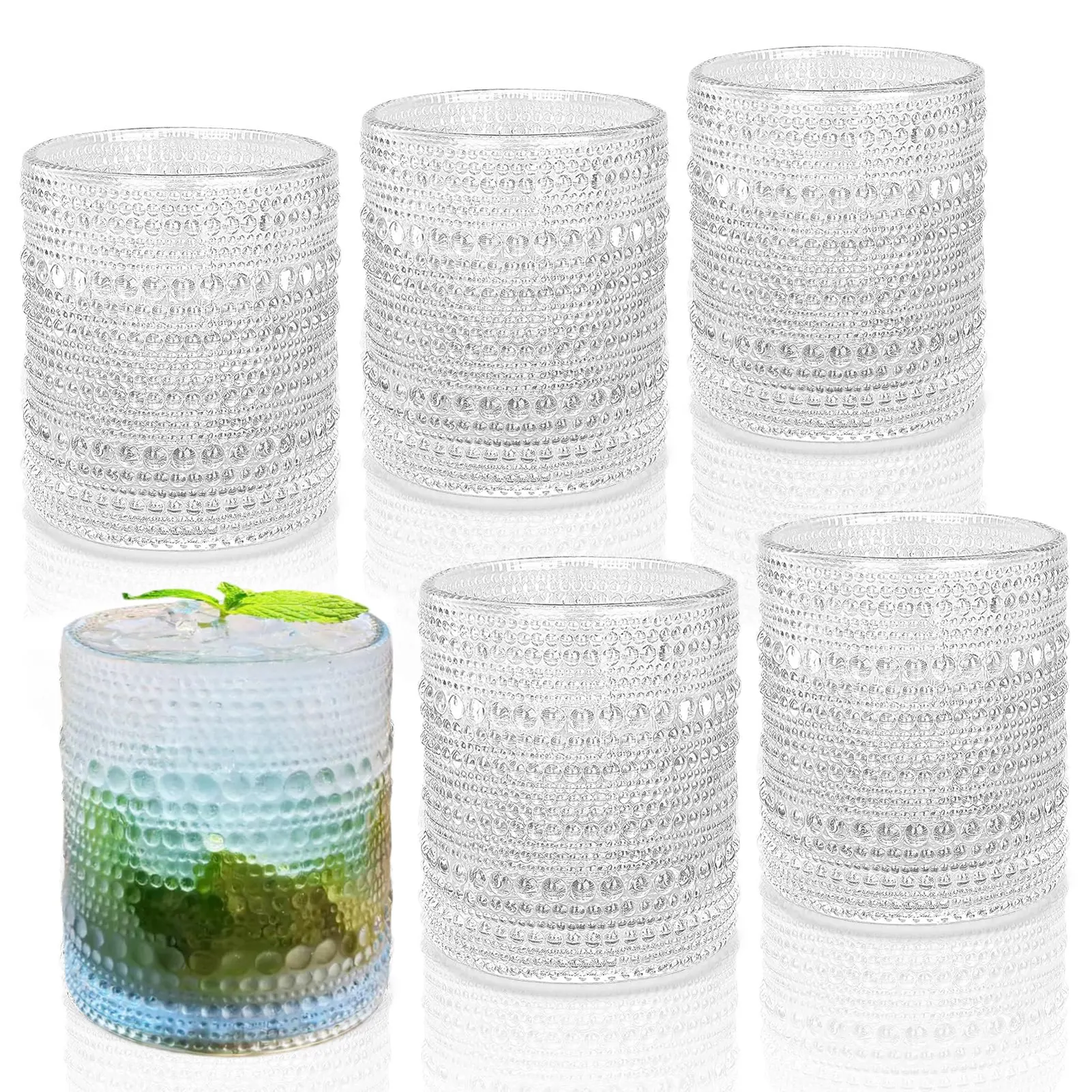 Vintage Hobnail Drinking Glasses Set of 6, 10 oz, Cocktail Glasses Jupiter Glasses Textured Glass Cups Water Glasses Vintage Glassware Set for Juice, Cocktail, Whisky, Soda, Beverages.