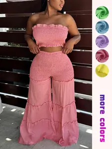 Women's Frill Trim Shirred Flare Leg Pants Set, Boho Style Fitted Crop Tube Top & High Waist Trousers for Beach Holiday Vacation, Ladies Summer Clothes, Bohemian Womenswear, Woven Lightweight Summer 2 Piece Set