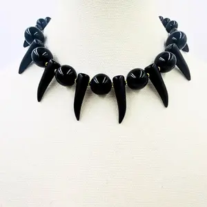 GOLDEN BLACK ONYX SHAKA ZULU NECKLACE - BLACK spike beads, Unique Design, Tribal Accessory