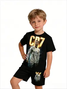 Kids 2 Piece Outfits Boys Cristiano Ronaldo CR7 Real Madrid Golden Print Summer Sports Casual Football Fan Children Clothing Set For School Daily Birthday Party Gift