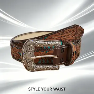 Men’s Western tooled leather belt with turquoise inlay, rhinestone silver buckle cowboy belt for rodeo and country style