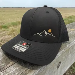 Richardson Sunrise Summit Richardson 112 Hat - Black Adjustable Cap with Mountain and Sun Design