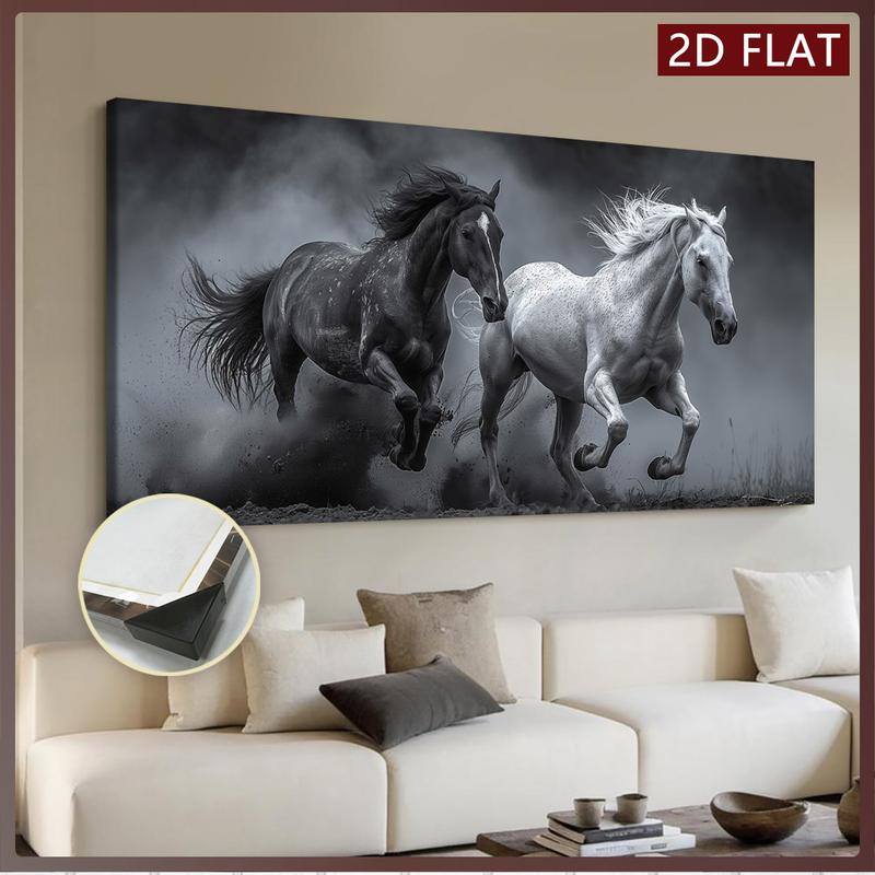 2D Flat Single Piece Wooden Frame Canvas Painting, Depicting a Black and White Horse Running in the Dust.This Exquisite Poster Can Be Used as Home Decoration and Wall Art, Suitable for Living Room, Bedroom, Office, Dining Room