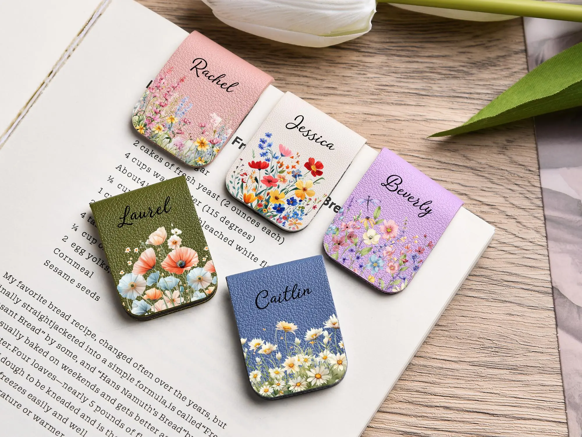 Personalized Magnetic Leather Bookmark, Custom Name Floral Bookmark, Book Lover Gift, Reader Gift, Teacher Gift