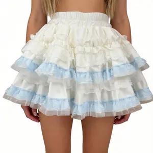 Lolita Sweet Lace Layered Puffy Short Skirt with Built-in Safety Shorts Elegant Soft