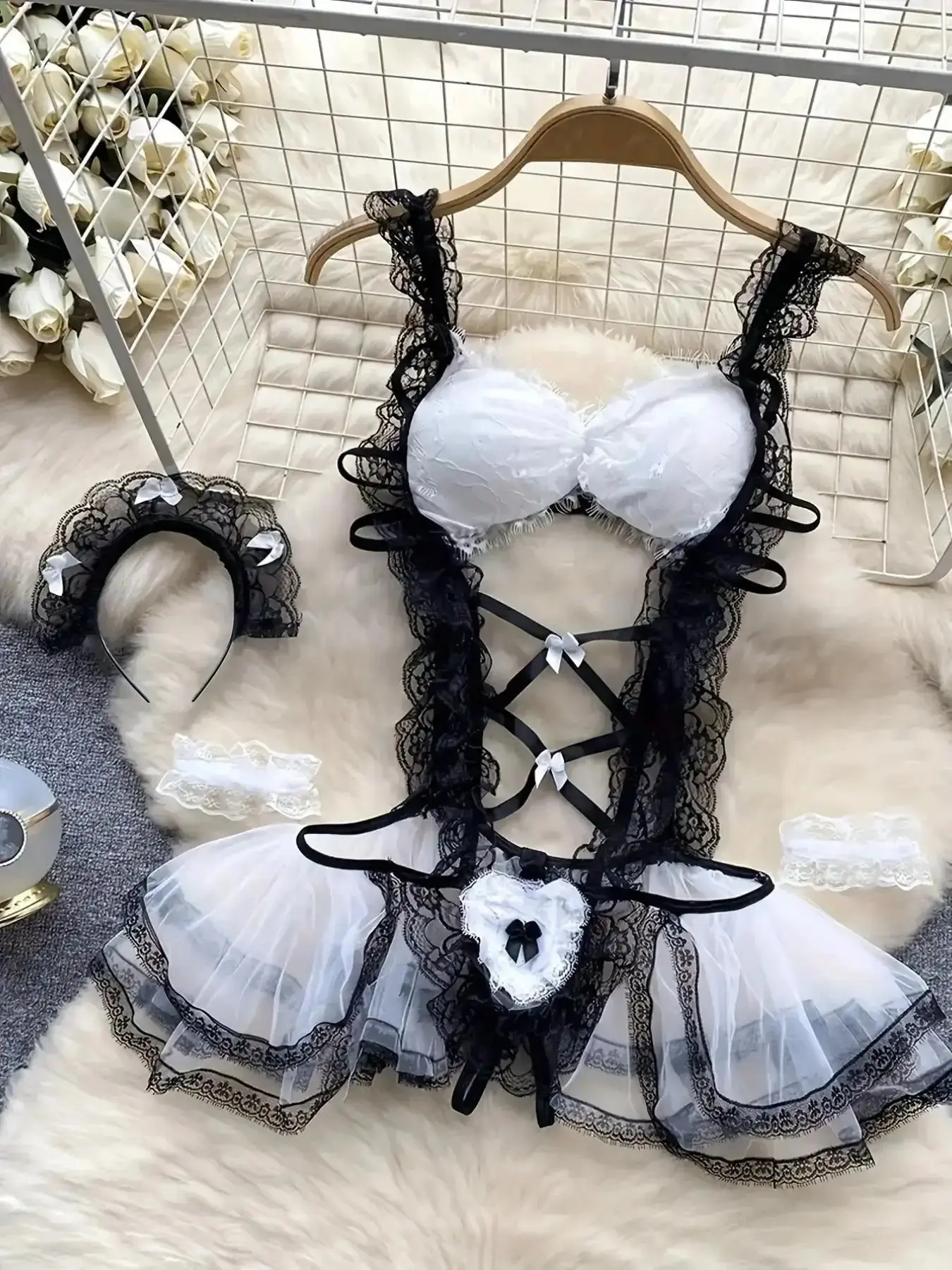 4pcs Ladies Lustful Maid Costume Set - Sweet Lingerie Set with Bow Detail, Adjustable Suspender Skirt and Headband Accessories - Black Lingerie and Adult Accessories, Sexy Lingerie| Joke Pose| Fine Lingerie,