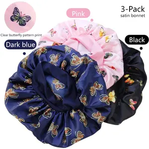 3 Pcs Soft Satin Bonnet Silk Hair Wrap for Sleeping Silk Sleeping Cap with Wide Elastic Band Night Sleep Cap Single Layer Night Sleeping Head Cover for Women Black