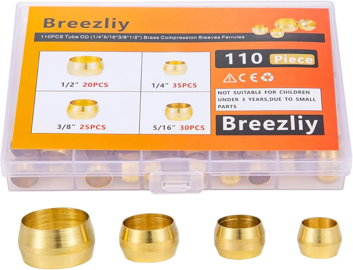 110PCS Tube OD（1/4" 5/16" 3/8" 1/2") Brass Compression Sleeves Ferrules,Brass Compression Fitting Assortment Kit