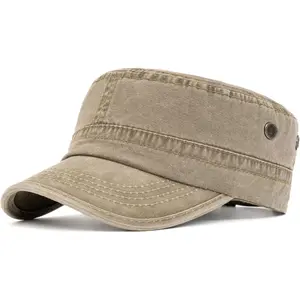 Military Cadet Army Cap for Men Women – Washed Cotton Vintage Adjustable Flat Top Hat