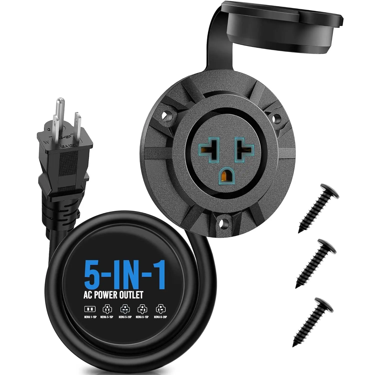 MICTUNIGN 5-in-1 Outdoor Power Outlet, 20A 125V 12AWG Receptacle Outlet Weatherproof Cap, RV Shore Power Outlet with Integrated 20-Inch Outdoor Extension Cord