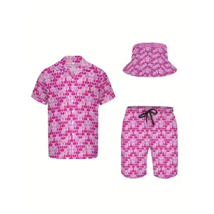 3-piece set of men's Hawaiian shirt and shorts, funny pink 80s shiny soft fabric breathable button-up short-sleeve casual beach shirt outfit with fisherman hat