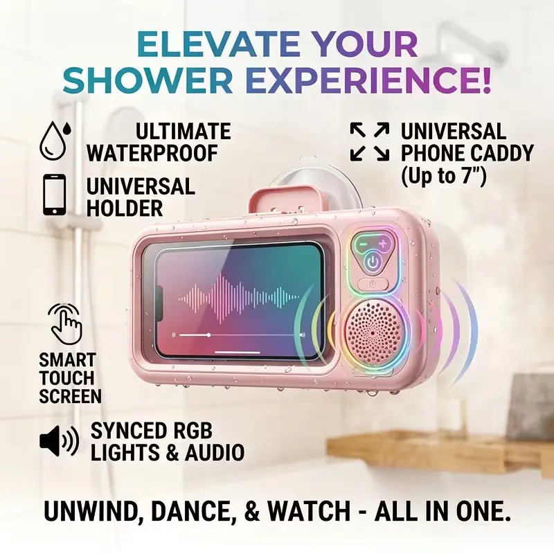 Wall Mount Wireless Shower Phone Holder With Built In Bluetooth Speaker IPX6 Waterproof Touch Screen Case 360 Adjustable Bathroom Phone Mount Fits 4 To 6.8 Inch Phones Ideal For Bathtub Mirror Shower Perfect Gift For Bath Music Video Watching