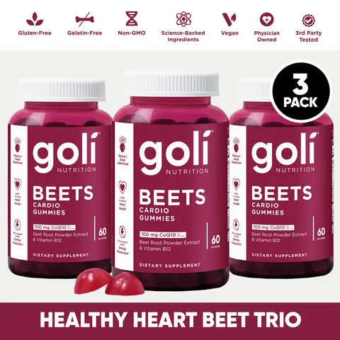 Healthy Heart Beets Trio - 3 Bottles of Goli Beets Cardio Gummy - Beet Root Extract & 100mg CoQ10, Gluten-Free, Vegan, Non-GMO, and Gelatin-Free. Nature's Great Superfood