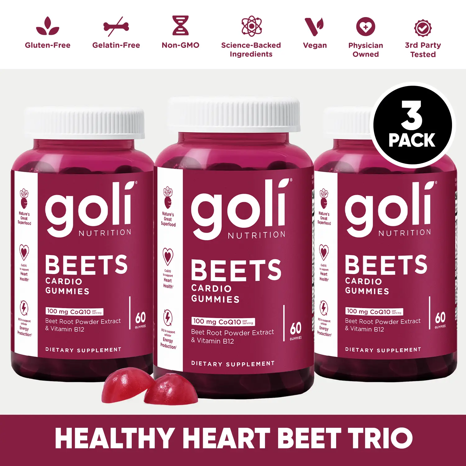 Healthy Heart Beets Trio - 3 Bottles of Goli Beets Cardio Gummy - Beet Root Extr...