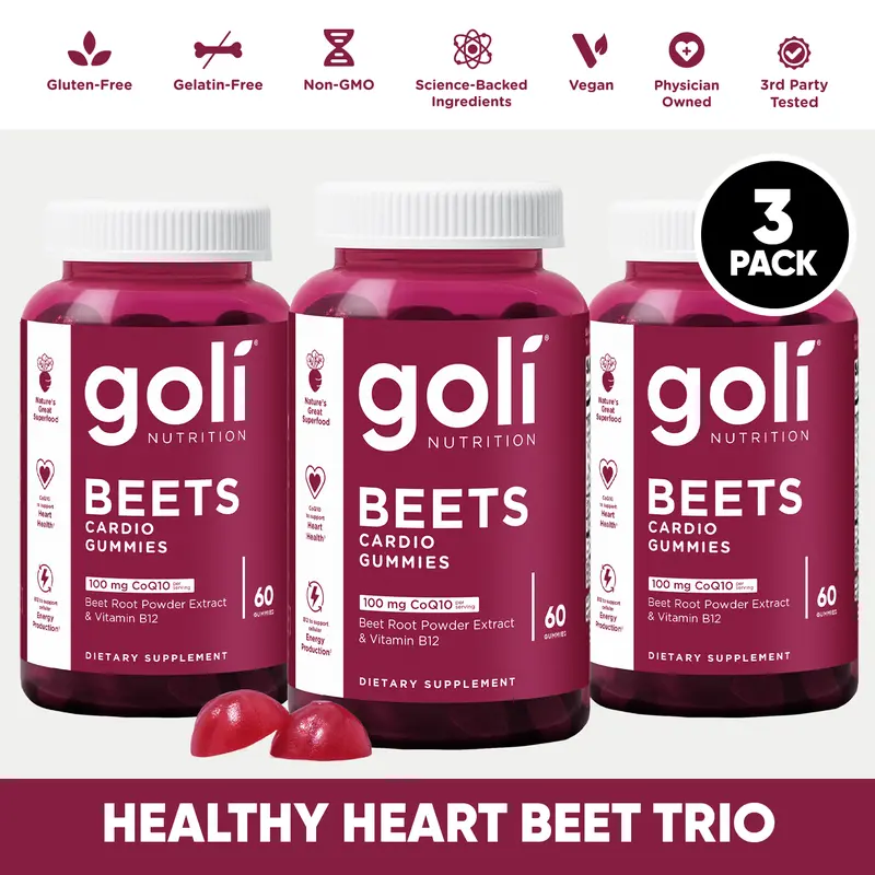 Healthy Heart Beets Trio - 3 Bottles of Goli Beets Cardio Gummy - Beet Root Extract & 100mg CoQ10, Gluten-Free, Vegan, Non-GMO, and Gelatin-Free. Nature's Great Superfood