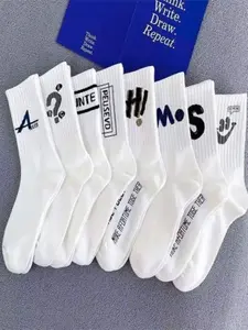 Men's Letter Mid-Calf Socks, 8 Pairs, Casual Fashion Socks, Youth School Sports Basketball Socks, Comfortable Breathable Soft Skin-Friendly