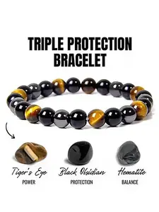 Triple Protection Bracelet, Protection, Brings Good Luck and Prosperity, Hematite, Obsidian, Tiger Eye Stone, suitable for wearing at any time, self-healing jewelry, gift for friends, Mens Bracelet, Accessory