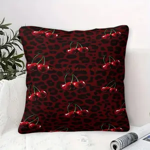 Glossy Red Cherries on Dark Leopard Print Throw Pillow, Digital Printed Decorative Cushion, Vibrant Cherry & Animal Print Design, Luxurious Chic Home Decor, Sofa & Bedroom, Stylish & Playful Accent, 45cm Square Pillow with Soft Filling.