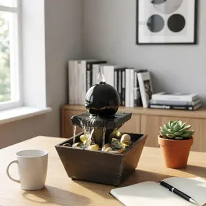 Double Layer Ball Desk Water Fountain with LED Light, Zen Stress Relief Decor, Home Office Desktop Decoration, Relaxing Ambient Lighting, Modern Home Decoration