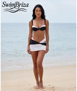 Briza｜Women's Black and White Skirted Bikini Set Push Up Underwire Colorblock Two Piece Swimsuit Cute Retro Bathing Suit for Women Summer Beach Swimwear Tankini Style Swim Sets Vacation Outfits, Women's Swimwear, Two Piece Bathing Suit
