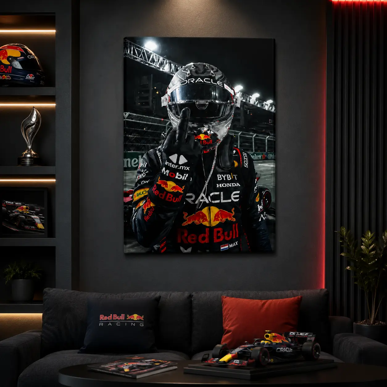 Max Verstappen Iconic Gesture Lightweight Frameless Vertical Canvas Wall Art - Oracle Red Bull Racing Helmet Portrait Print, Formula 1 Night Circuit Decor, UV Fade-Proof Motorsport Fan Gift for Man Cave
