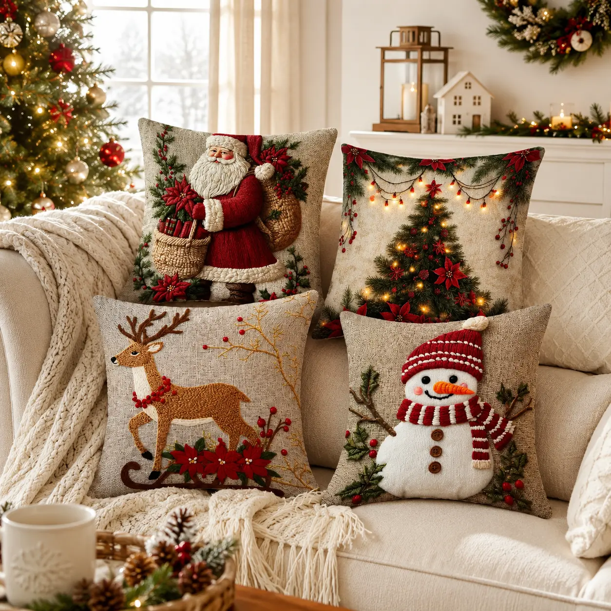 4 Pack Farmhouse Christmas Pillow Covers 18x18, Santa Reindeer Snowman Christmas Tree Decorative Throw Pillow Cases, Rustic Winter Holiday Decor for Couch Sofa