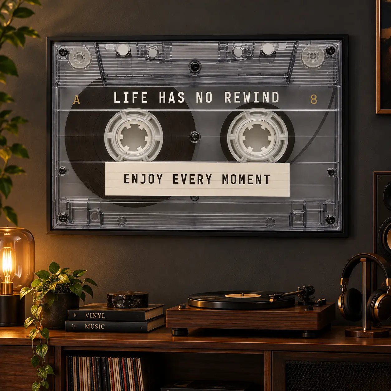 Vintage Music Wall Artwork - Retro Cassette Tape Canvas Print with "Life Has No Rewind Enjoy Every Moment" Quote, Minimalist Inspirational Decoration for Bedroom, Music Lover Gift, Y2K Soho Chic Home Decor