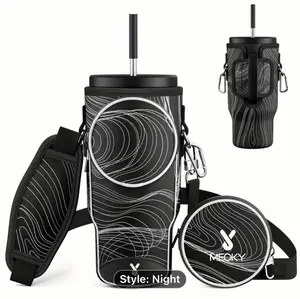 Meoky Water Bottle Carrier Bag with Phone Pocket for 40 oz Tumbler with Handle, Neoprene Water Bottle Holder Pouch with Adjustable Strap, 2 Carabiner Clips