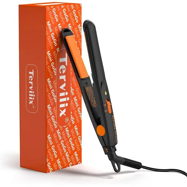 Terviiix Mini Flat Iron, 1/2 Inch Hair Straightener for Men, Orange | For Sideburns & Beard, Short Hair, Touch-ups, Travel Grooming, Ceramic, Dual Voltage, 430F Fast Heat, Lightweight with Pouch