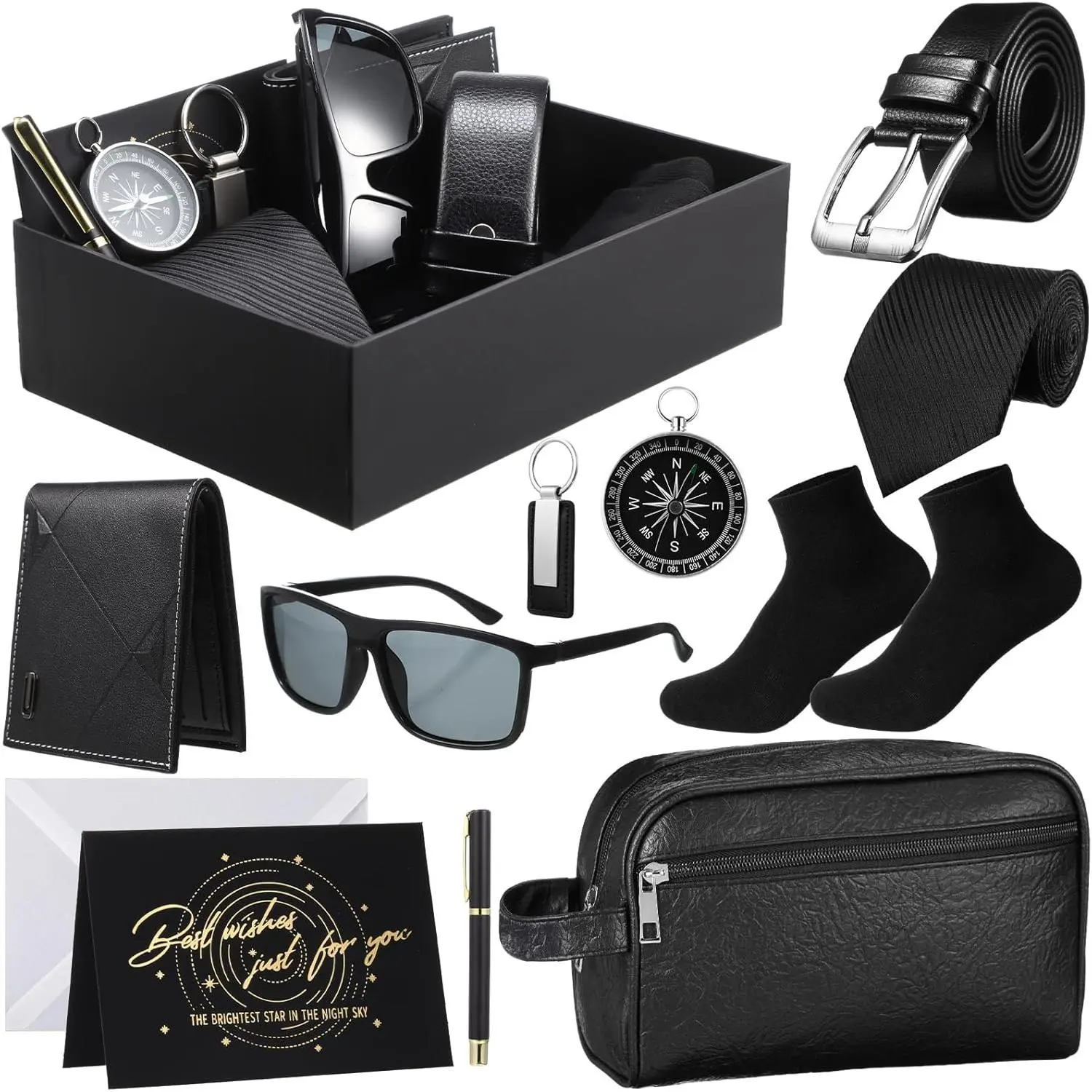 12-Pcs Birthday Gift Baskets Complete Kit with Box – PU Leather Wallet, Leather Toiletry Bag, Tie, Socks, Belt, Keychain, Sunglasses, Pen, Compass – For Father's Day