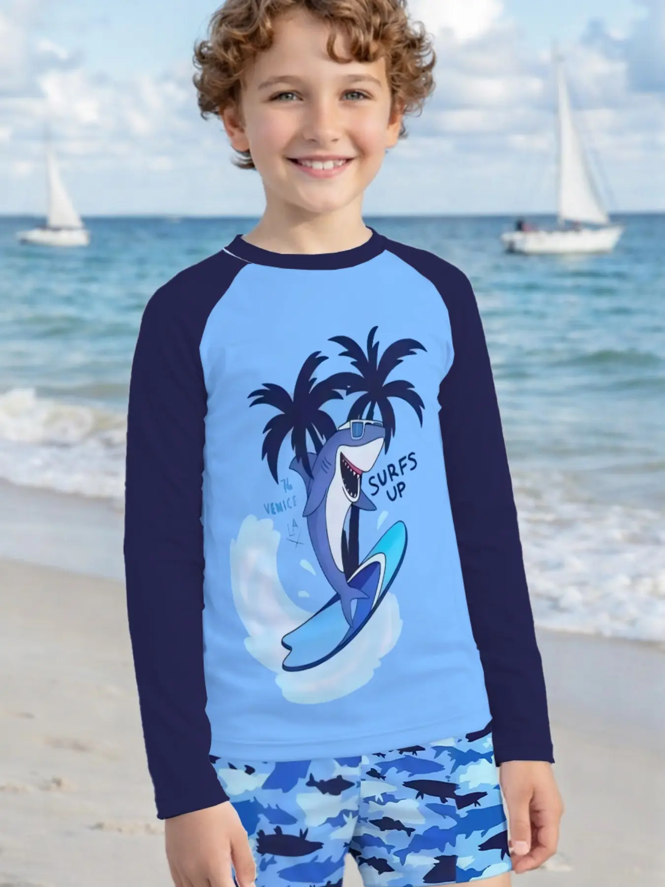 Boys' Casual Long Sleeve Short Swimwear, Simple and Elegant Summer Vacation Water Play Equipment, Cartoon Pattern Shorts, Youth Boys Swim Trunks