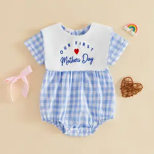Infant Baby Boy Girl Romper Mother's Day Summer Short Sleeve Plaid Print Letters Heart Embroidery Jumpsuit 0-18 Months