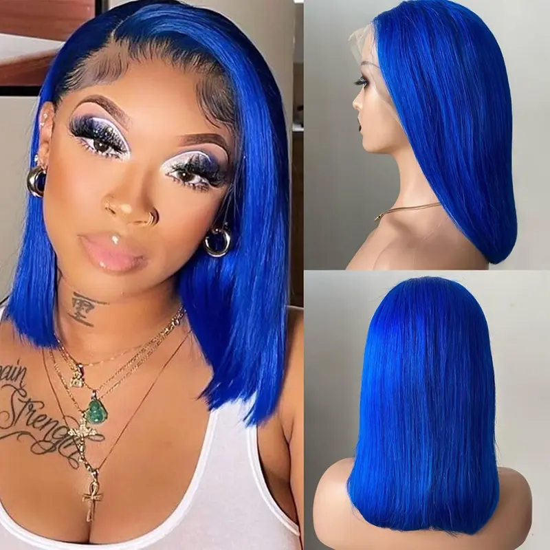 AMZHAIR Blue Color Gluless Wigs 13x4 Lace Frontal Short Bob Wigs Human Hair Virgin Raw Vietnamese Hair 180% Density Silky Bone Straight Human Hair Wigs for Black Women