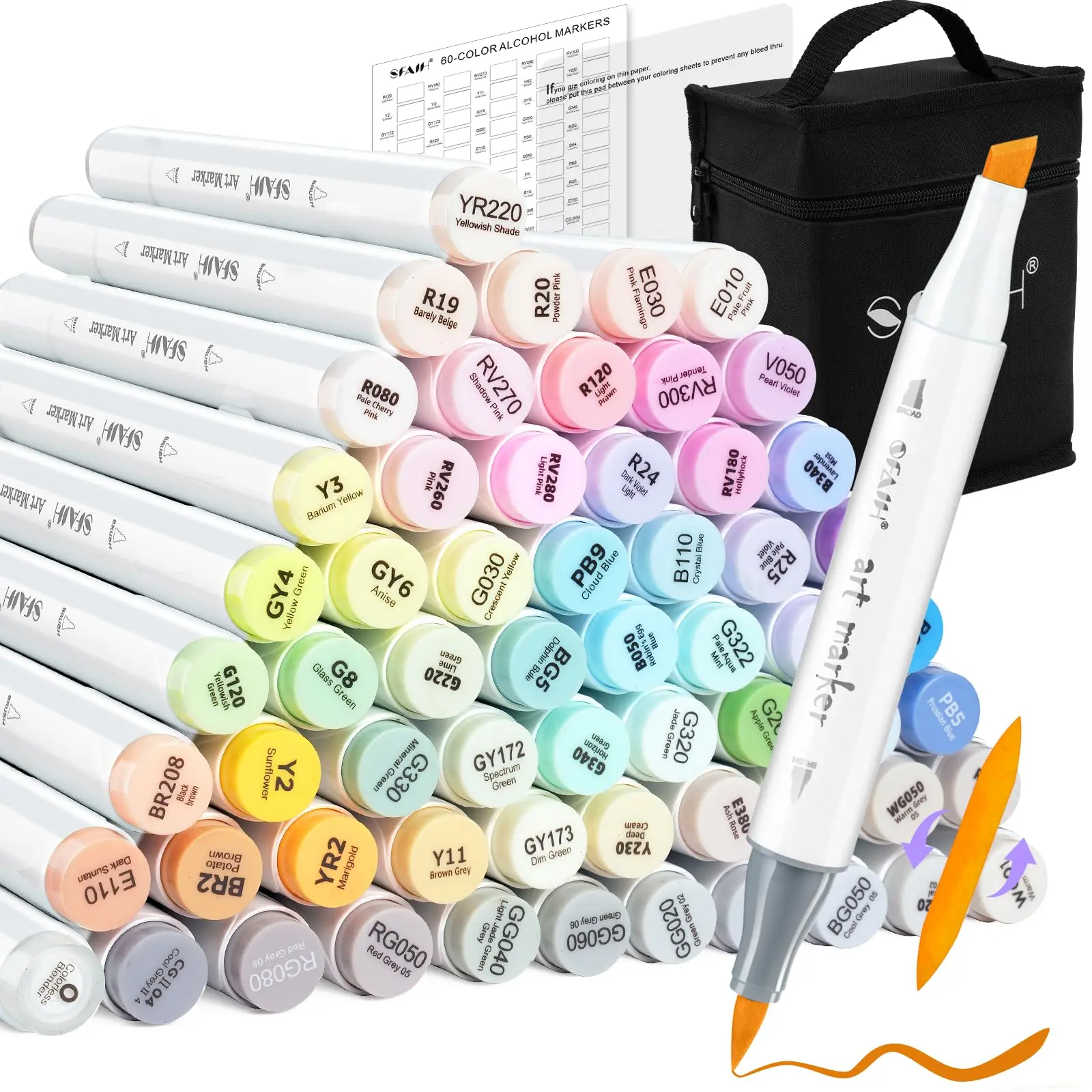 SFAIH Pastel Alcohol Markers Brush Tip - 61 Colors Double Tipped Art Markers for Artist Adult Coloring Illustration, Gifts for Artist Adult, Dual Tip Brush & Chisel - Refillable Ink, Colorless Blender