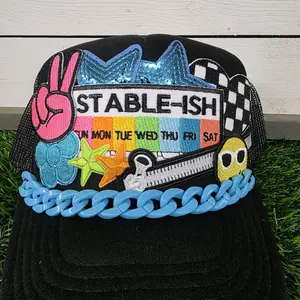 Stable-Ish Otto foam snapback Trucker Hat with Colorful Embroidery, Blue Chain, and Checkered Design