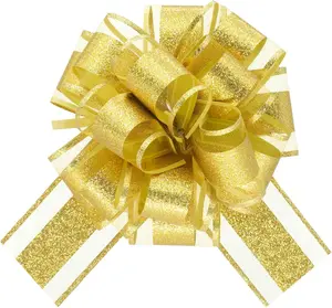 Gold Glitter Gift Bows– 6 Inch 6 Pack Instant Pull Bows for Present Wrap, Christmas, Wedding, Anniversary, Birthdays, Gift Bag, Basket Bow Decorations