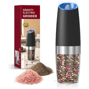 Battery Operated Salt And Pepper Grinder with LED Light, Automatic Electric Gravity Salt And Pepper Shakers, Each 6 AAA Batteries Needed, Adjustable Roughness, 1 Pack (Black)
