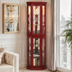 Eyisean 70" H Retro Corner Curio Cabinet, 6-Tier Glass Display Cabinet with Light Bulb & Adjustable Tempered Glass Shelves for Collectibles, Floor Standing Glass Display Cage with Doors, Corner Storage Rack for Living Room, Bedroom, Study Room