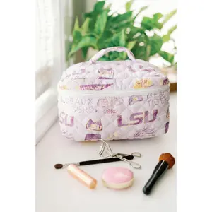 Louisiana Quilted Make Up Toiletry Bag Light Purple with Watercolor Illustrations 10x7x6 inch Compact Stylish Bag for Makeup and Toiletries Ideal for Everyday Use