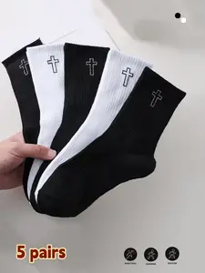 5 Pairs Unisex Sports Cross-Strap Mid-Calf Socks, Classic, Knitted for Spring Summer Fall, Casual Basketball Football Soccer Socks, Sports Athletic Socks