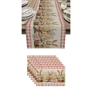 7pcs,Easter Table Runner Set, Spring Decorations, Hide-And-Seek Bunny Pillowcase, Easter Table Mats, 7-Piece Tablecloth Kit