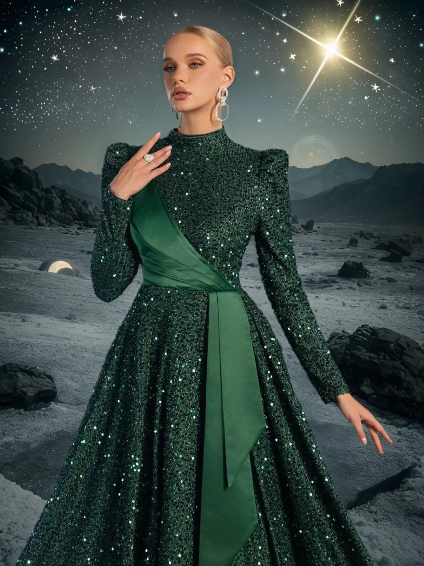 Mystic Long Sleeve Evening Gown, Winter Party Dress, Christmas Holiday Formal Wear, Elegant Slim-Fitting Plain Design Fabric, Womenswear