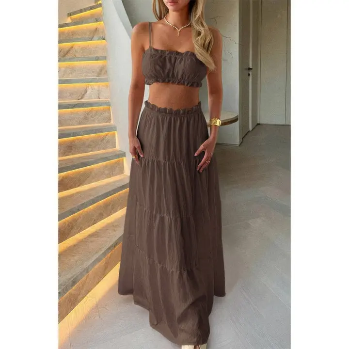 Vyxen Women's 2-Piece Boho Outfit, Vyxen Cropped Spaghetti Strap Cami Tank Top with Ruffle Trim, Elastic Waist Flowy Tiered Maxi Skirt for Vacation Resort Beach Casual