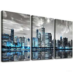 Qesonoo Wall Decor Living Room Modern City Chicago Skyline Large Canvas Wall Art for Bedroom Poster for Office Farmhouse 3 Pieces Set Wood Framed Night Scene Prints Paintings for Home 20"X28" Decoration Hanging
