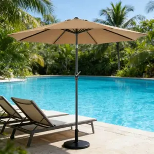 9FT Khaki Outdoor Table Patio Umbrella, equipped with crank lift and push button tilt function.Built with 8 sturdy support ribs, waterproof and sun shading canopy, stable structure.Perfect for garden, courtyard and other outdoor placement use.