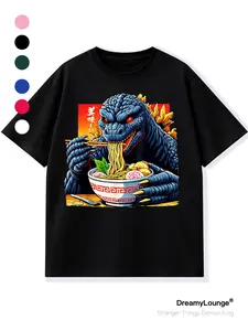 Funny Godzilla Eating Noodles Print Loose Short Sleeve Casual Breathable Home Wear, Comfortible Daily Clothing for Men Women